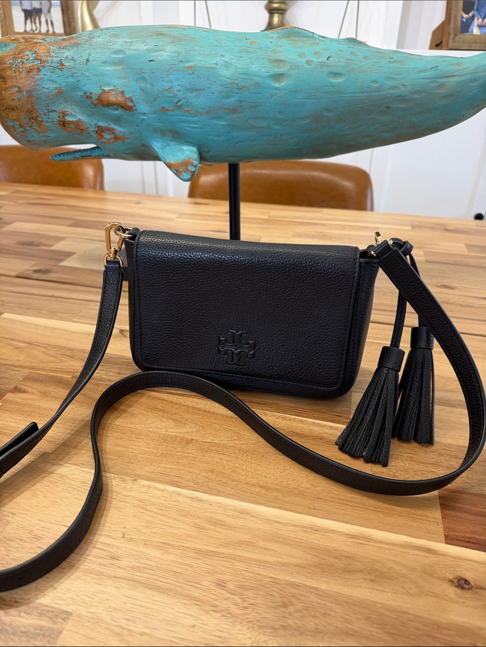 Tory Burch Black Pebbled Leather Crossbody with Tassel